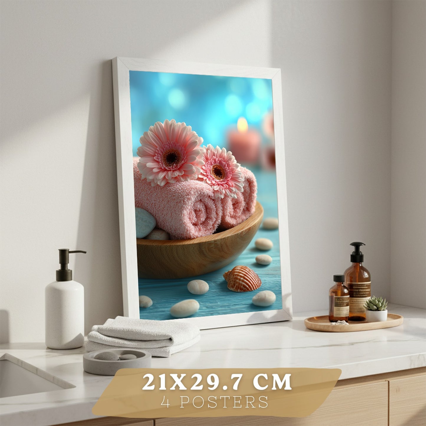 Set de 4 Cuadros Baño Decoracion Poster Estilo Playa Spa para Pared Lavabo Ducha WC y Aseo con Conchas Velas Toallas y Sales Marinas