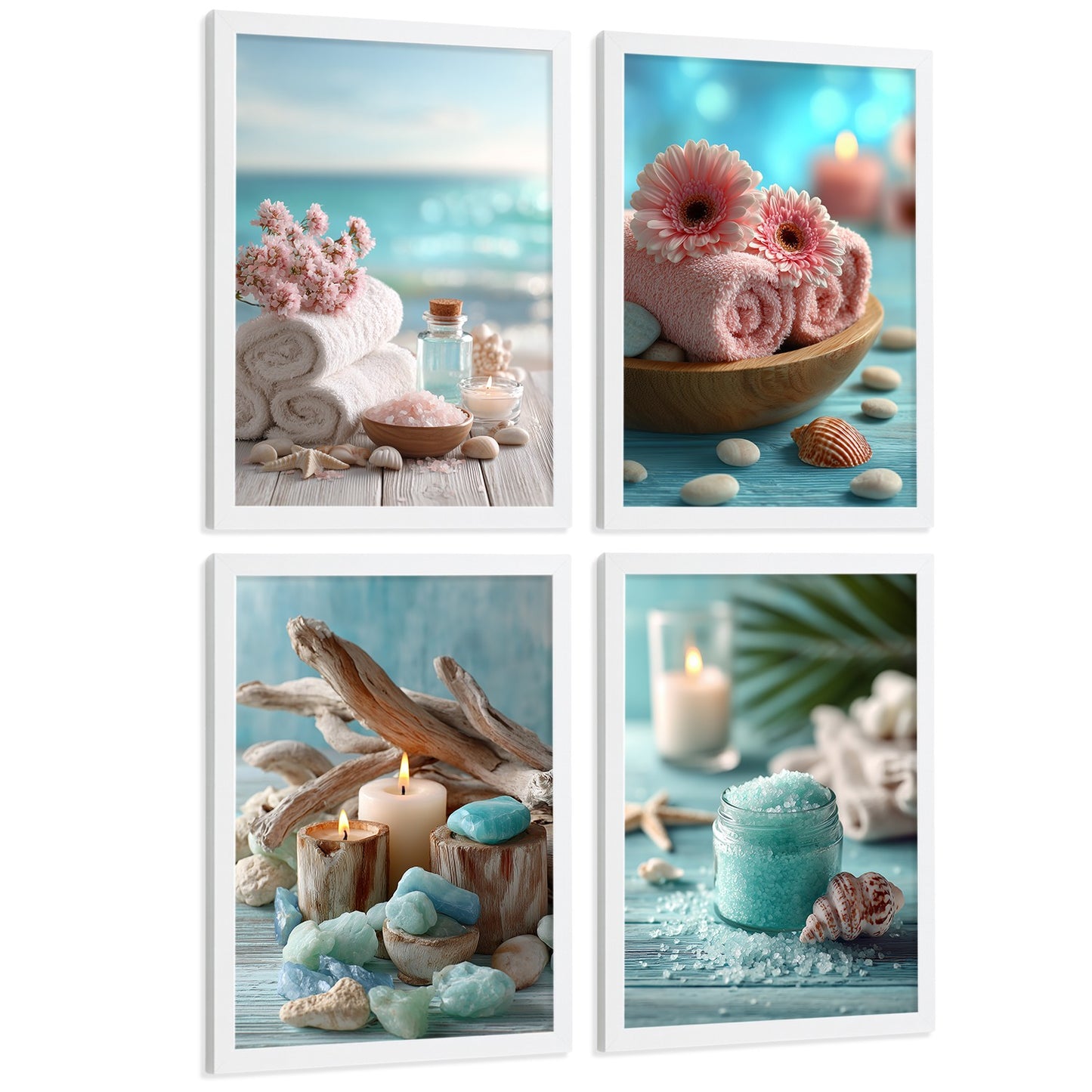 Set de 4 Cuadros Baño Decoracion Poster Estilo Playa Spa para Pared Lavabo Ducha WC y Aseo con Conchas Velas Toallas y Sales Marinas