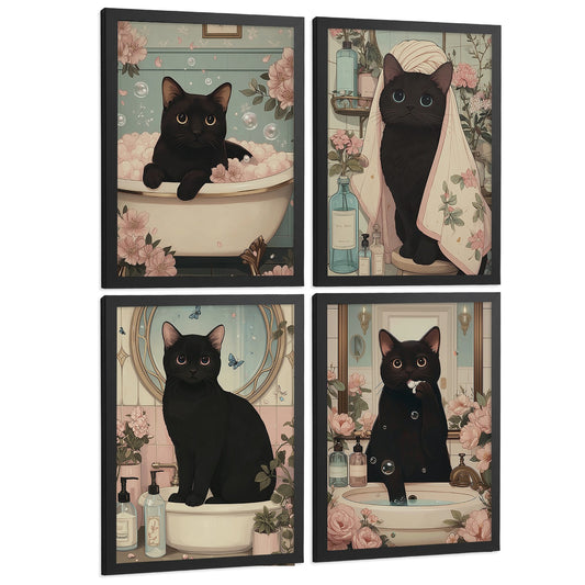 Set de 4 Laminas Decorativas Gato Negro en Baño Cuadros Cute Estilo Floral Poster Decoracion Aseo Lavabo Dormitorio Vintage Suave