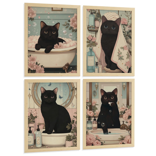 Set de 4 Laminas Decorativas Gato Negro en Baño Cuadros Cute Estilo Floral Poster Decoracion Aseo Lavabo Dormitorio Vintage Suave
