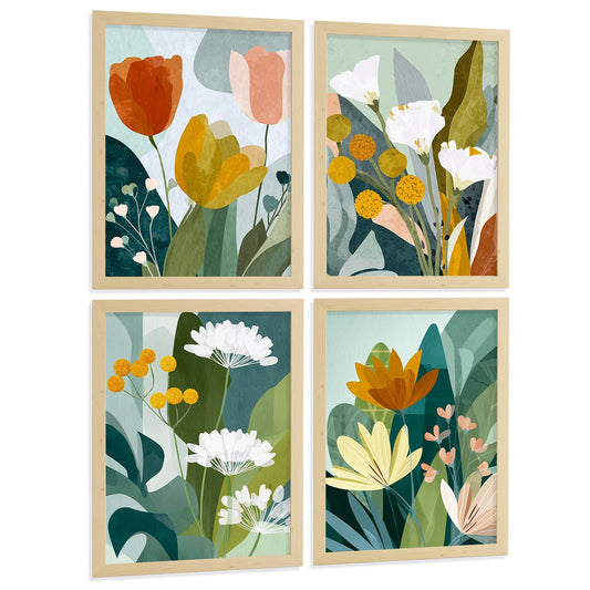 Set de 4 Laminas Decorativas Baño Cuadros Modernos Poster Floral Abstracto para Pared Lavabo Ducha WC y Aseo Decoracion Nordica Colorida