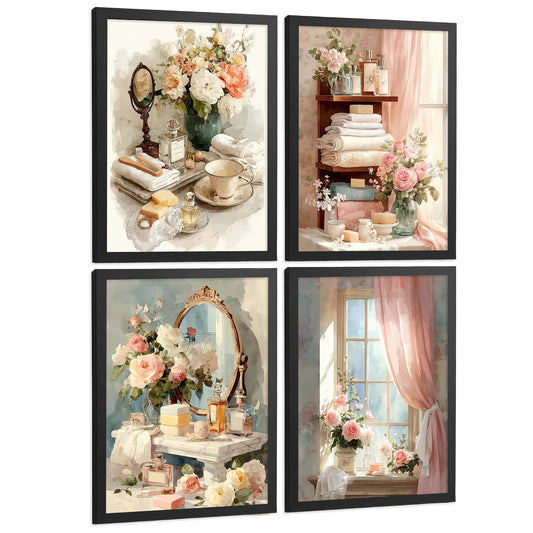 Set de 4 Laminas Decorativas Baño Estilo Romántico Vintage Cuadros con Flores Perfumes y Tocador Posters Elegantes Decoracion Hogar