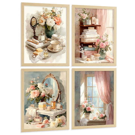 Set de 4 Laminas Decorativas Baño Estilo Romántico Vintage Cuadros con Flores Perfumes y Tocador Posters Elegantes Decoracion Hogar