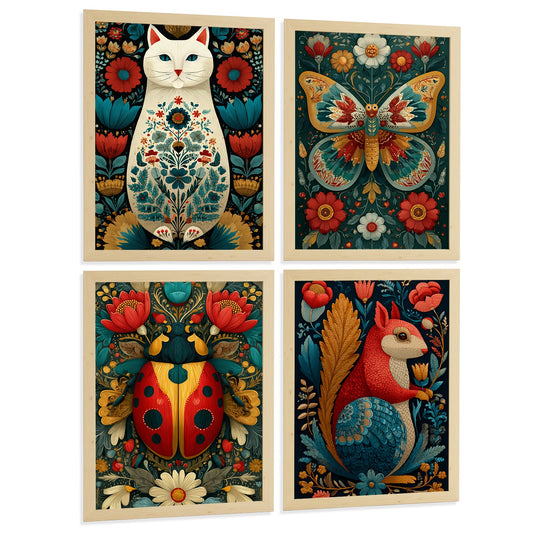 Set de 4 Laminas Arte Folk Colorido Cuadros Decorativos Animales y Flores Poster Estilo Botanico Vintage Decoracion Salon Dormitorio y Baño