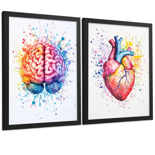 Set 2 Cuadros Decorativos Anatomía Contemporánea Láminas y Posters con Cerebro y Corazón Ilustración Artística Multicolor Estilo Acuarela