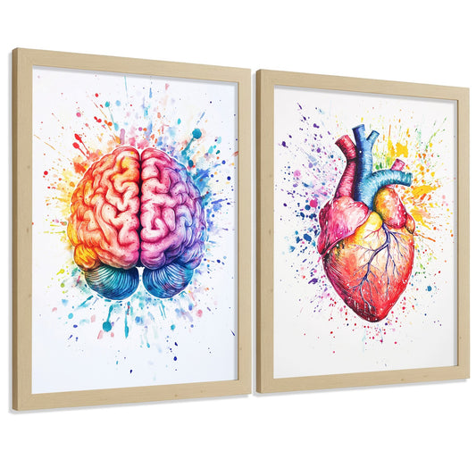 Set 2 Cuadros Decorativos Anatomía Contemporánea Láminas y Posters con Cerebro y Corazón Ilustración Artística Multicolor Estilo Acuarela