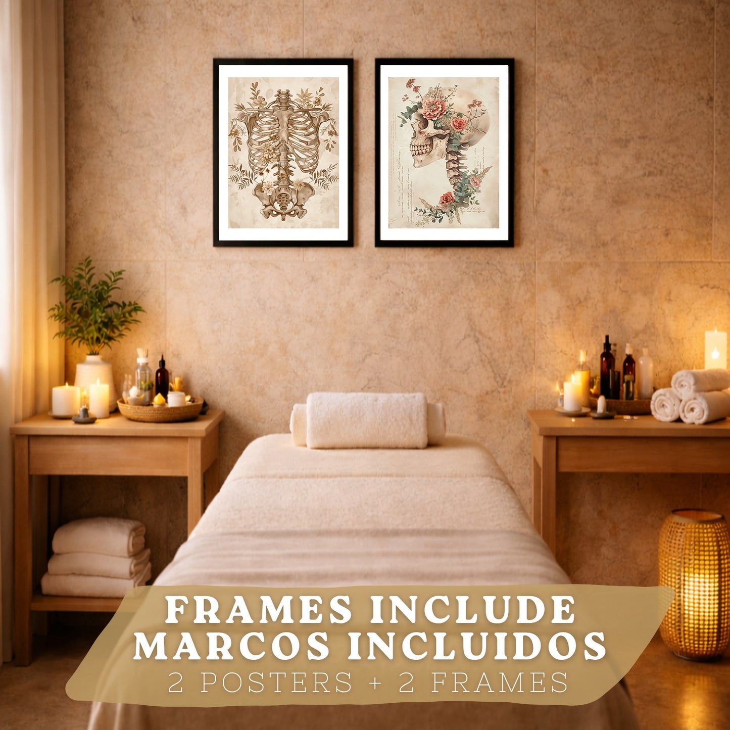 Set 2 Cuadros Decorativos de Anatomía Humana Láminas y Posters con Esqueleto Cráneo Columna Vertebral Costillas Pelvis Estilo Clásico