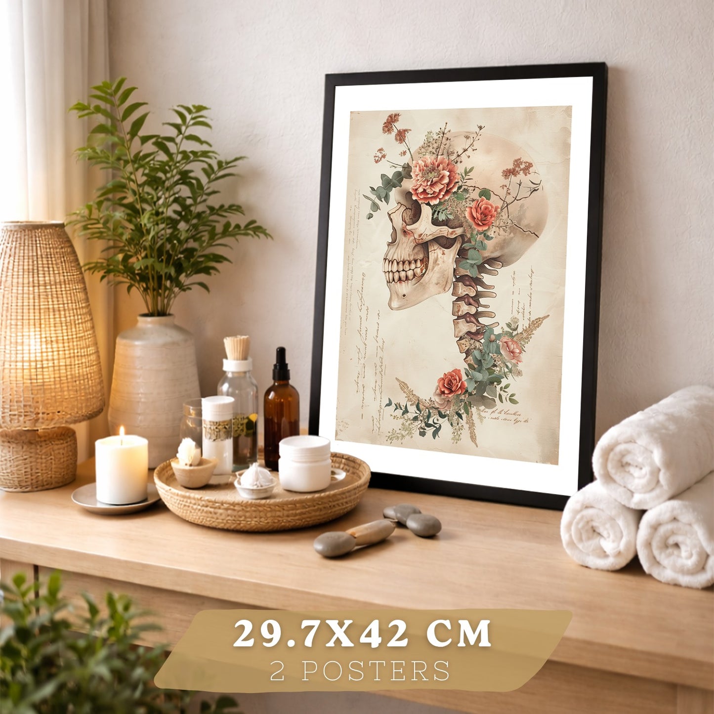 Set 2 Cuadros Decorativos de Anatomía Humana Láminas y Posters con Esqueleto Cráneo Columna Vertebral Costillas Pelvis Estilo Clásico