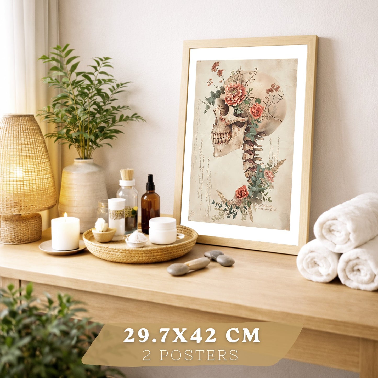 Set 2 Cuadros Decorativos de Anatomía Humana Láminas y Posters con Esqueleto Cráneo Columna Vertebral Costillas Pelvis Estilo Clásico