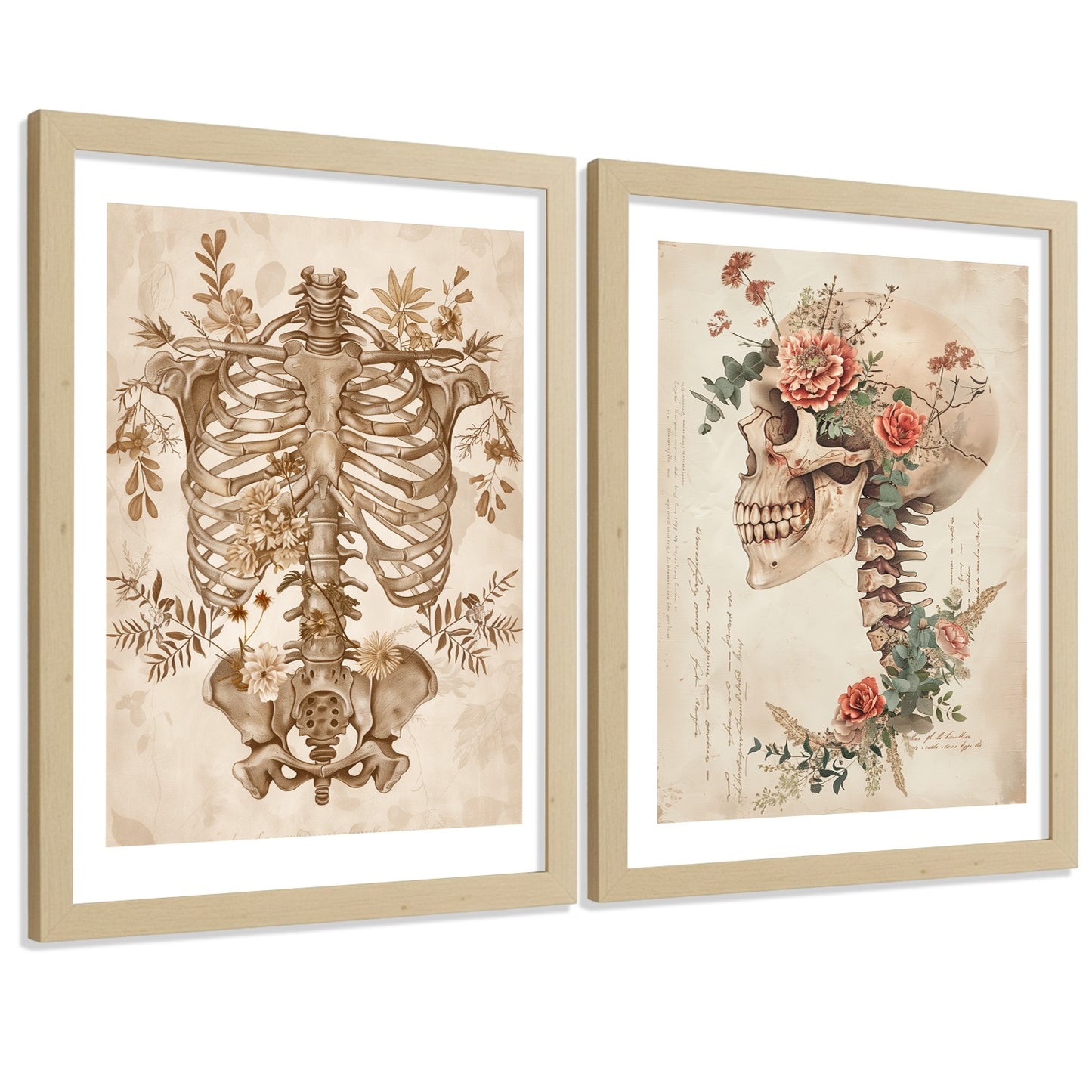 Set 2 Cuadros Decorativos de Anatomía Humana Láminas y Posters con Esqueleto Cráneo Columna Vertebral Costillas Pelvis Estilo Clásico