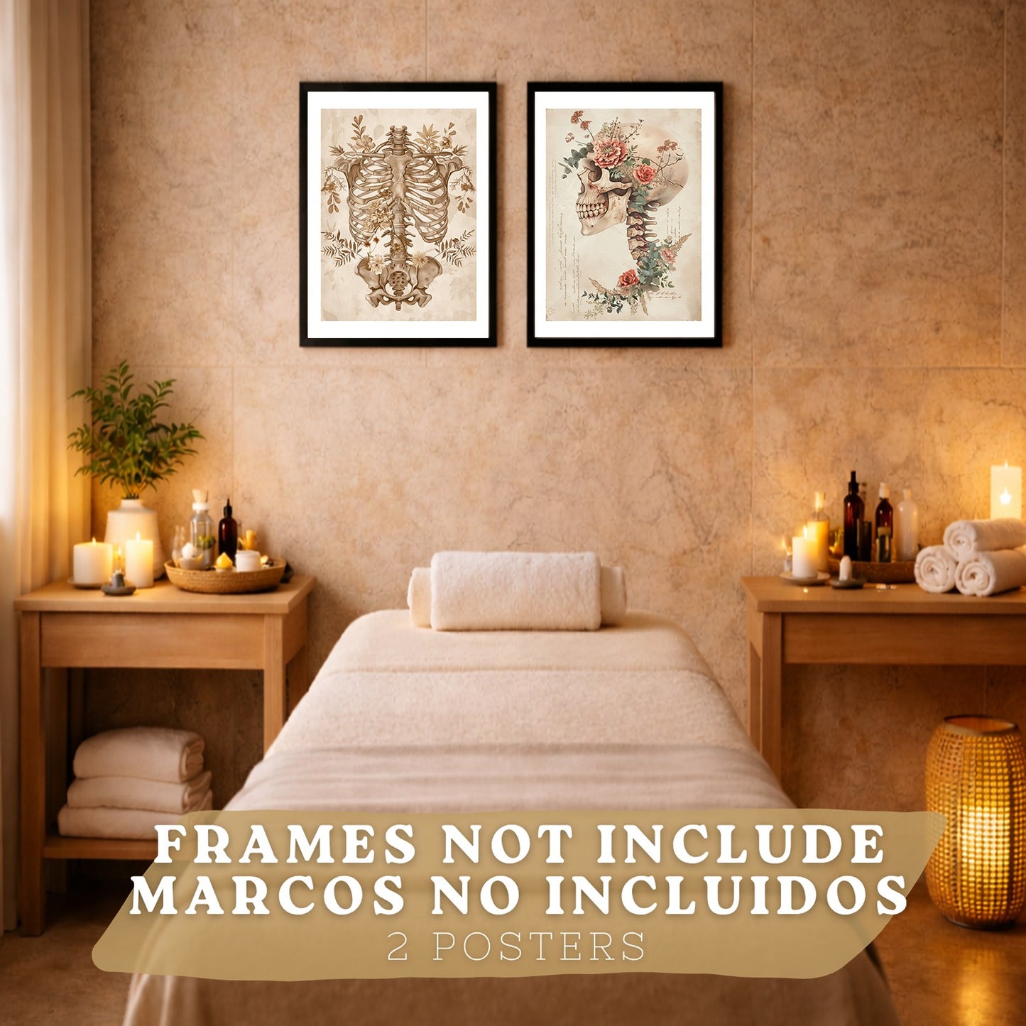 Set 2 Cuadros Decorativos de Anatomía Humana Láminas y Posters con Esqueleto Cráneo Columna Vertebral Costillas Pelvis Estilo Clásico