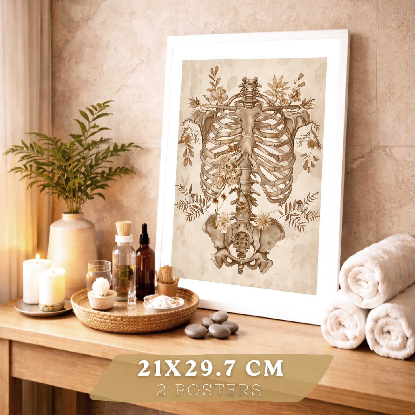 Set 2 Cuadros Decorativos de Anatomía Humana Láminas y Posters con Esqueleto Cráneo Columna Vertebral Costillas Pelvis Estilo Clásico