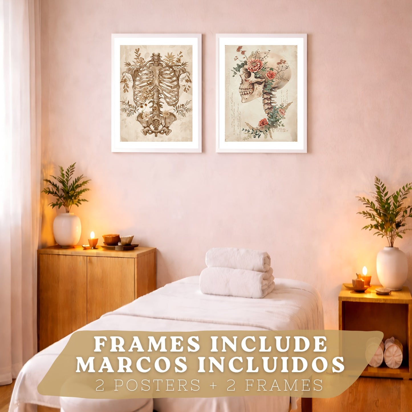 Set 2 Cuadros Decorativos de Anatomía Humana Láminas y Posters con Esqueleto Cráneo Columna Vertebral Costillas Pelvis Estilo Clásico