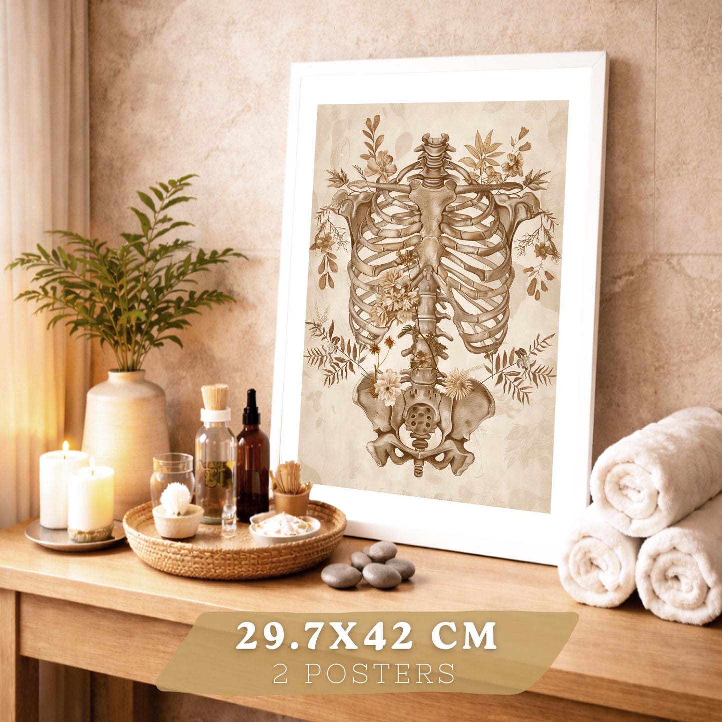 Set 2 Cuadros Decorativos de Anatomía Humana Láminas y Posters con Esqueleto Cráneo Columna Vertebral Costillas Pelvis Estilo Clásico