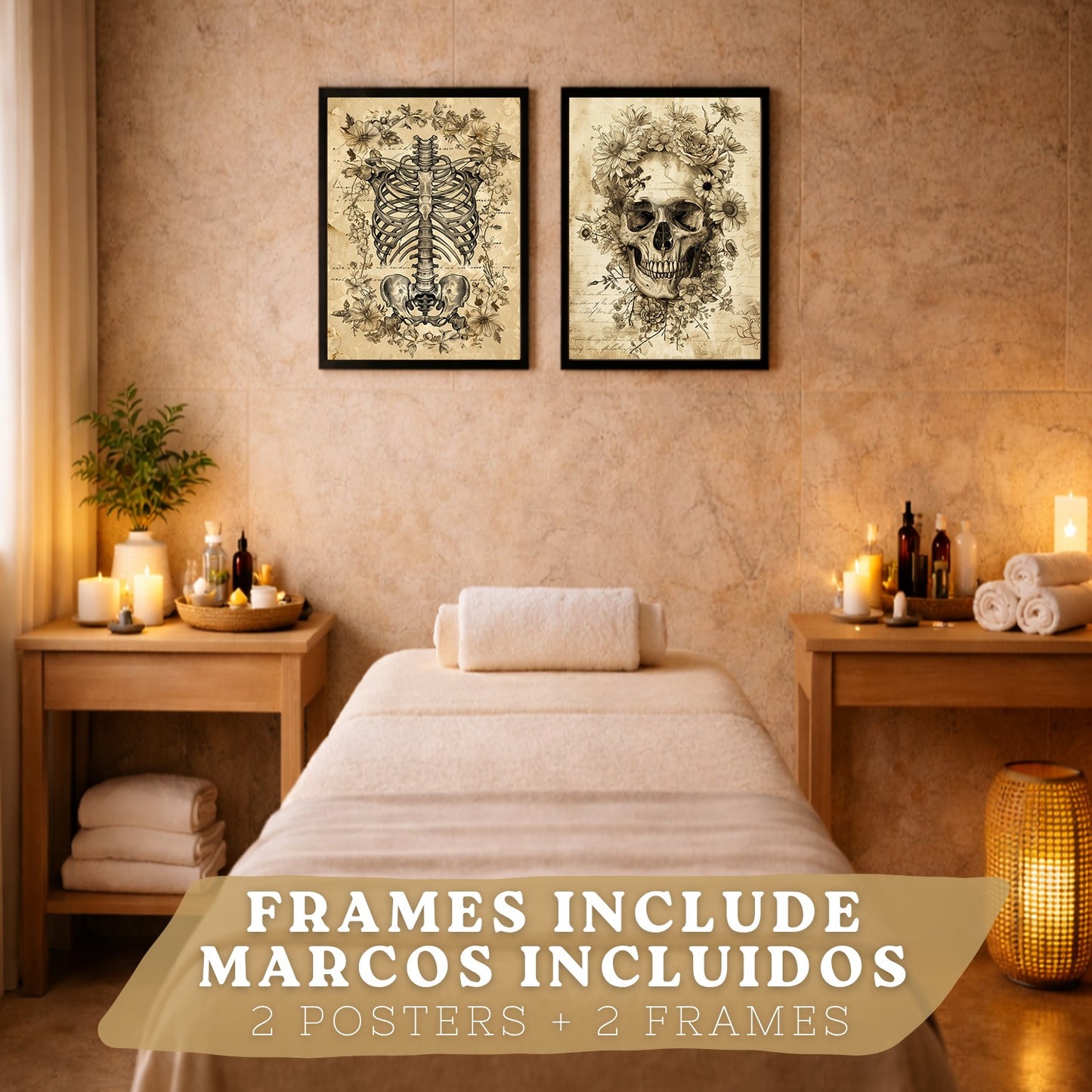 Set 2 Posters y Cuadros de Anatomía Humana Láminas con Cráneo Columna Vertebral Costillas Pelvis Diseño Vintage Clásico