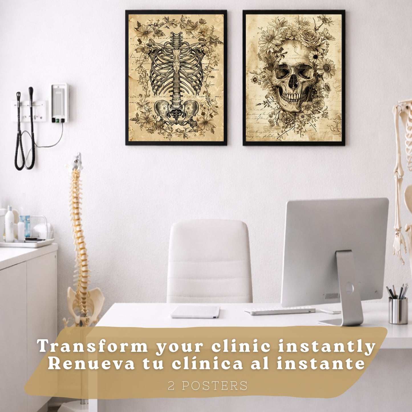 Set 2 Posters y Cuadros de Anatomía Humana Láminas con Cráneo Columna Vertebral Costillas Pelvis Diseño Vintage Clásico