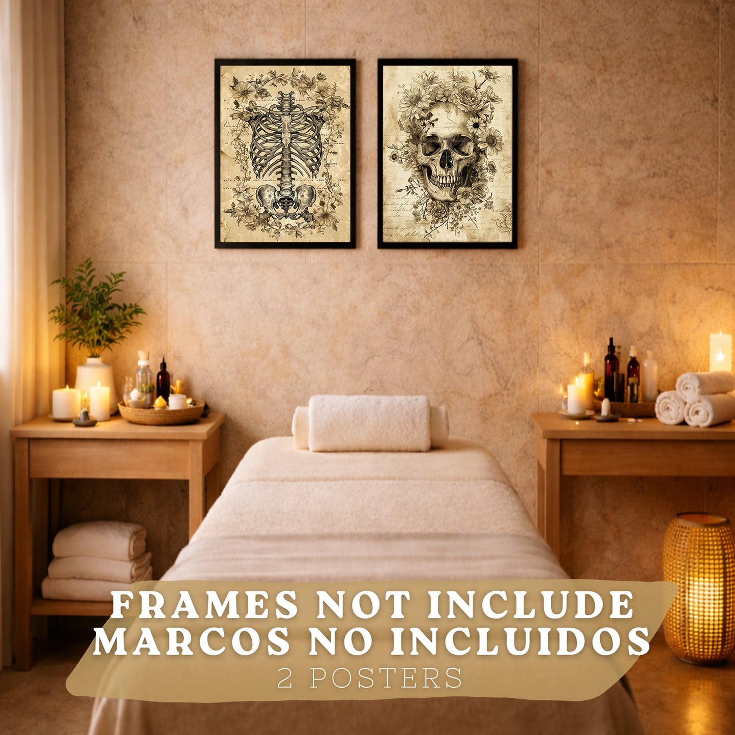 Set 2 Posters y Cuadros de Anatomía Humana Láminas con Cráneo Columna Vertebral Costillas Pelvis Diseño Vintage Clásico