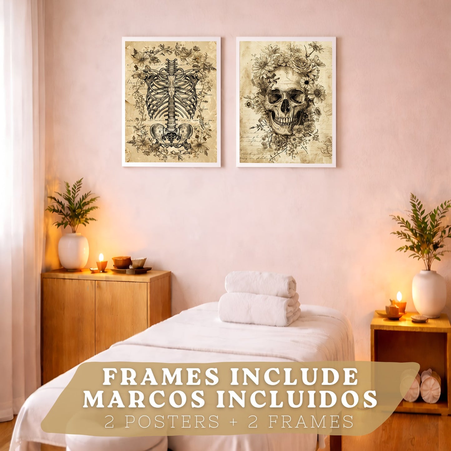 Set 2 Posters y Cuadros de Anatomía Humana Láminas con Cráneo Columna Vertebral Costillas Pelvis Diseño Vintage Clásico