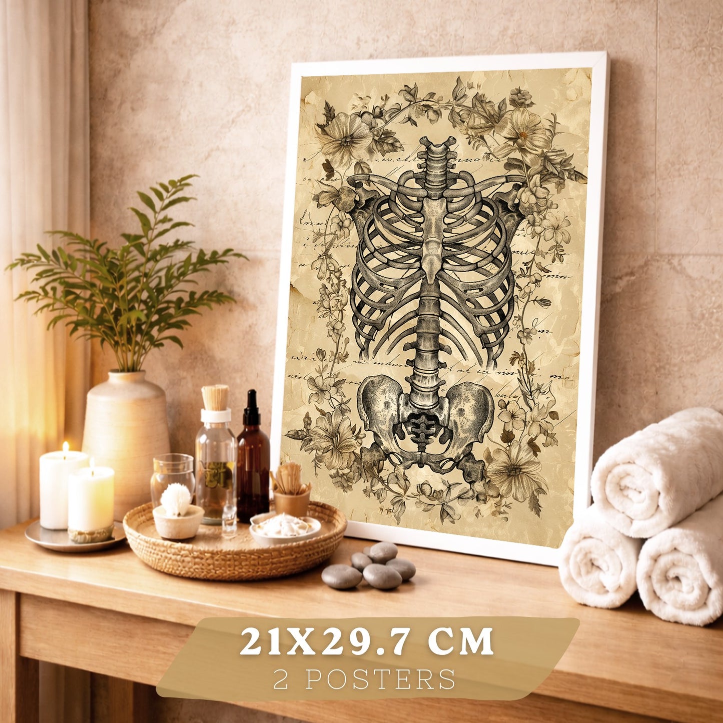 Set 2 Posters y Cuadros de Anatomía Humana Láminas con Cráneo Columna Vertebral Costillas Pelvis Diseño Vintage Clásico