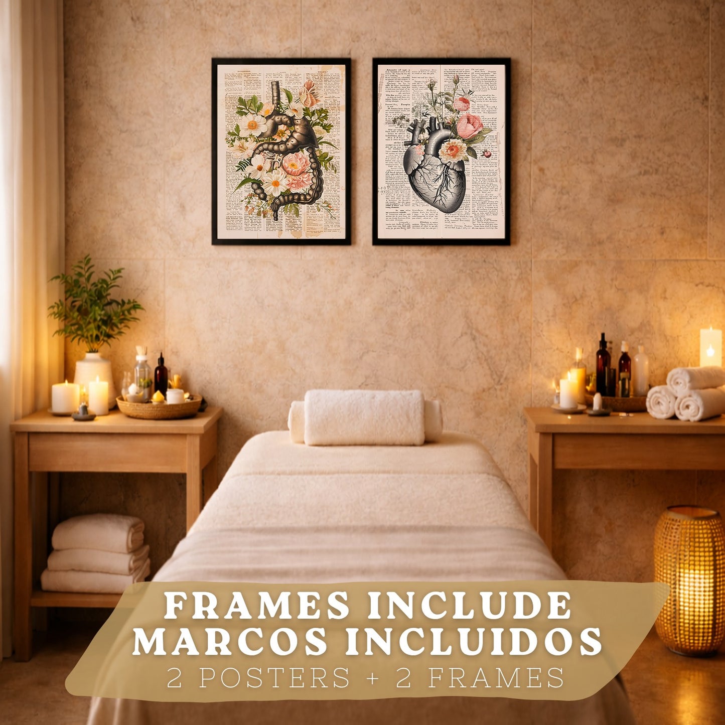 Set 2 Cuadros Decorativos Anatomía Humana Láminas con Sistema Digestivo Intestinos y Corazón Diseño Clásico Floral