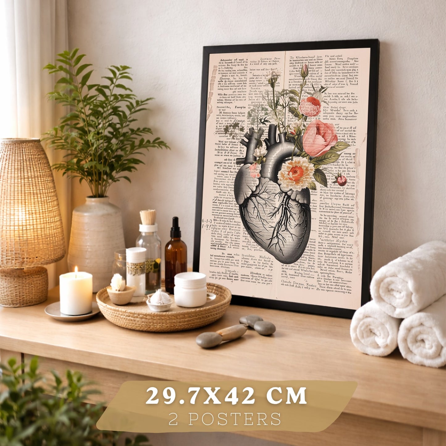 Set 2 Cuadros Decorativos Anatomía Humana Láminas con Sistema Digestivo Intestinos y Corazón Diseño Clásico Floral
