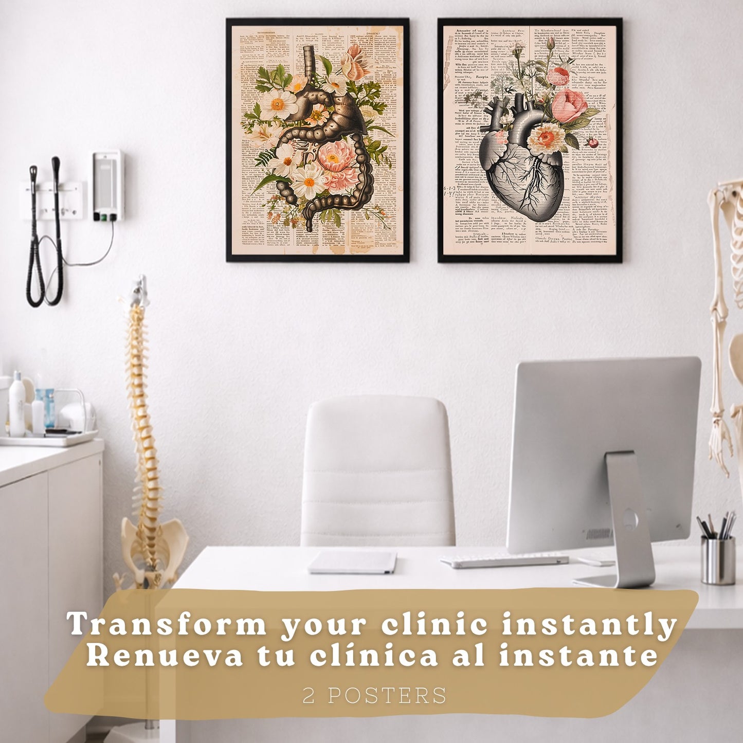 Set 2 Cuadros Decorativos Anatomía Humana Láminas con Sistema Digestivo Intestinos y Corazón Diseño Clásico Floral