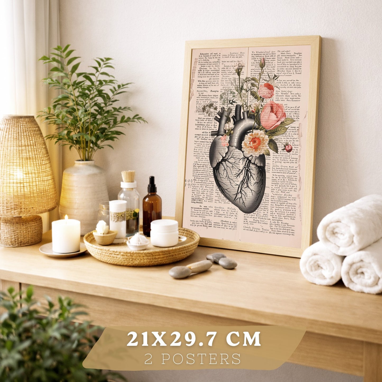 Set 2 Cuadros Decorativos Anatomía Humana Láminas con Sistema Digestivo Intestinos y Corazón Diseño Clásico Floral