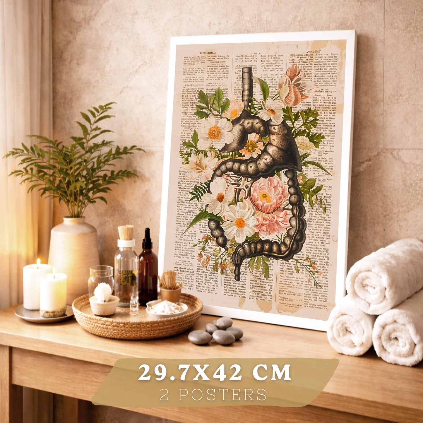 Set 2 Cuadros Decorativos Anatomía Humana Láminas con Sistema Digestivo Intestinos y Corazón Diseño Clásico Floral