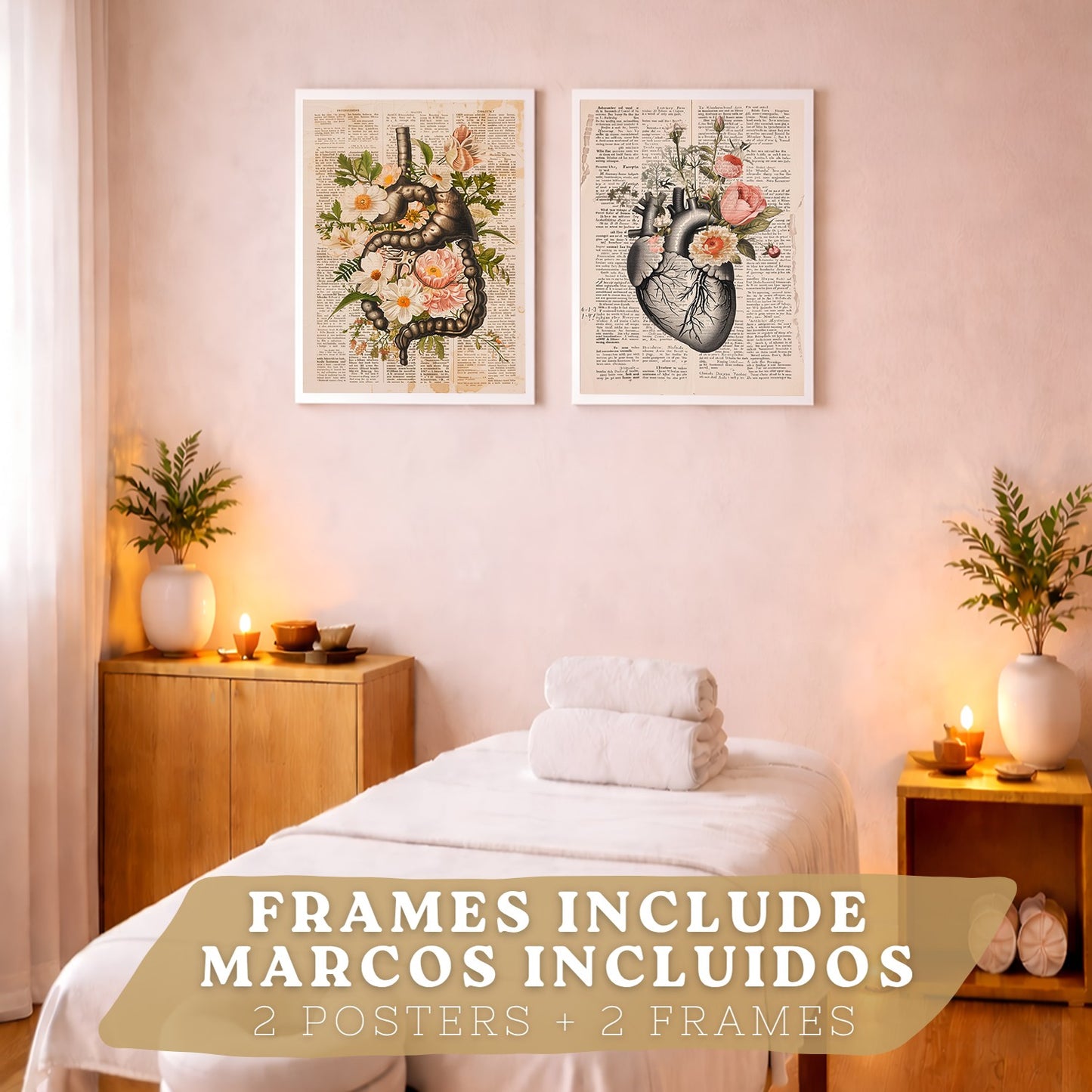 Set 2 Cuadros Decorativos Anatomía Humana Láminas con Sistema Digestivo Intestinos y Corazón Diseño Clásico Floral