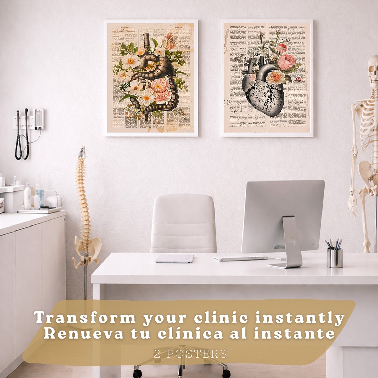 Set 2 Cuadros Decorativos Anatomía Humana Láminas con Sistema Digestivo Intestinos y Corazón Diseño Clásico Floral