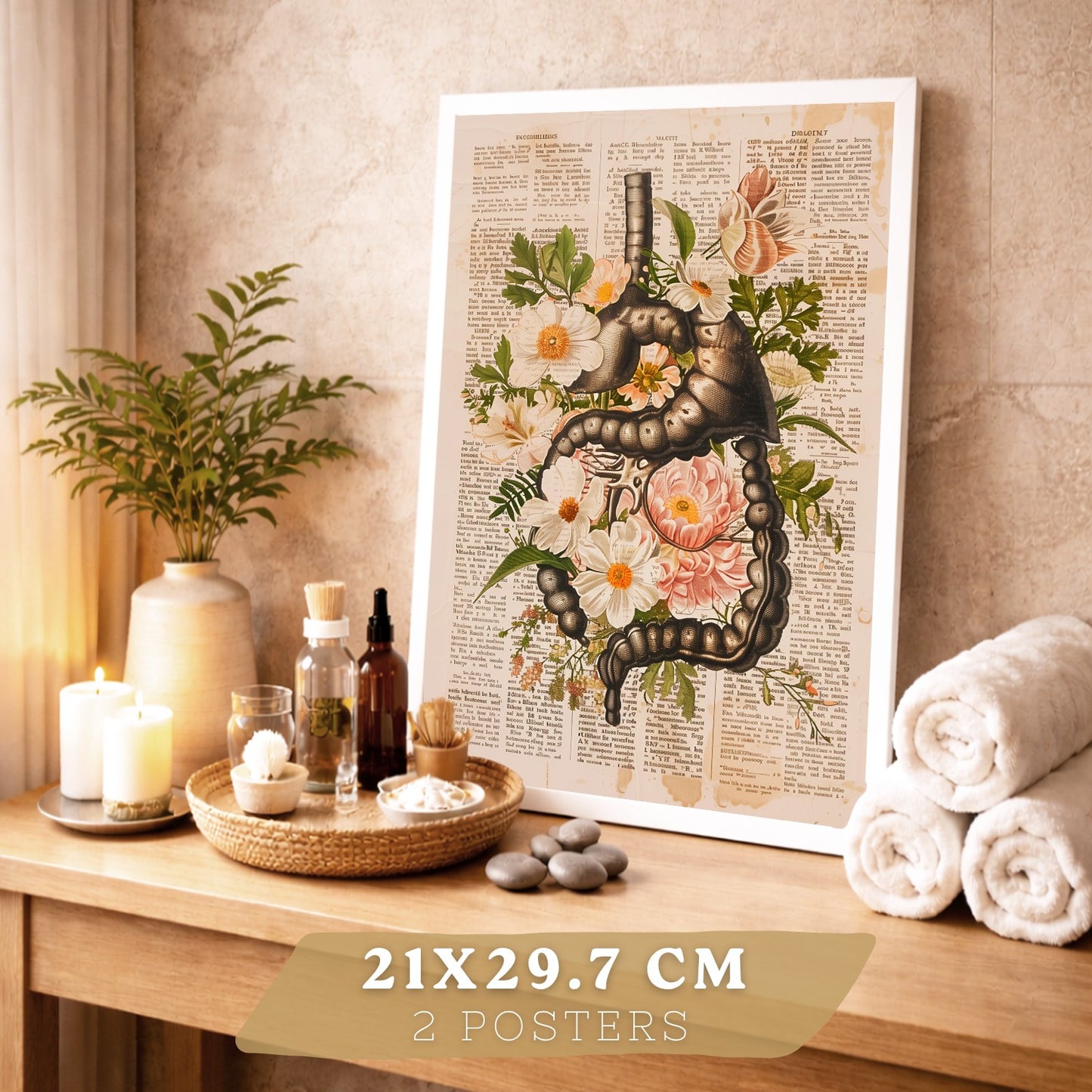 Set 2 Cuadros Decorativos Anatomía Humana Láminas con Sistema Digestivo Intestinos y Corazón Diseño Clásico Floral
