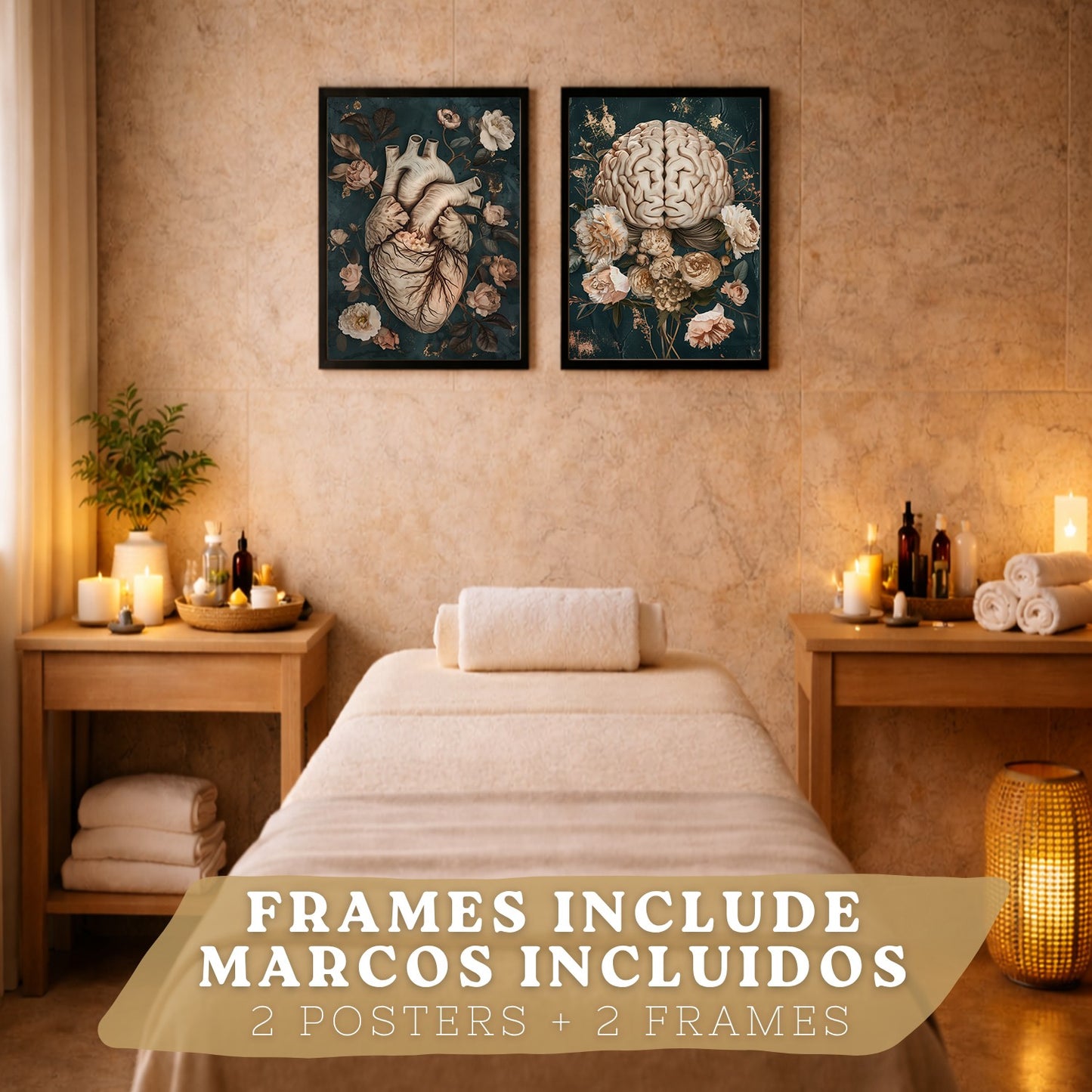 Set 2 Cuadros Decorativos de Anatomía Humana Láminas y Posters con Corazón y Cerebro Ilustración Floral Sofisticada Fondo Verde