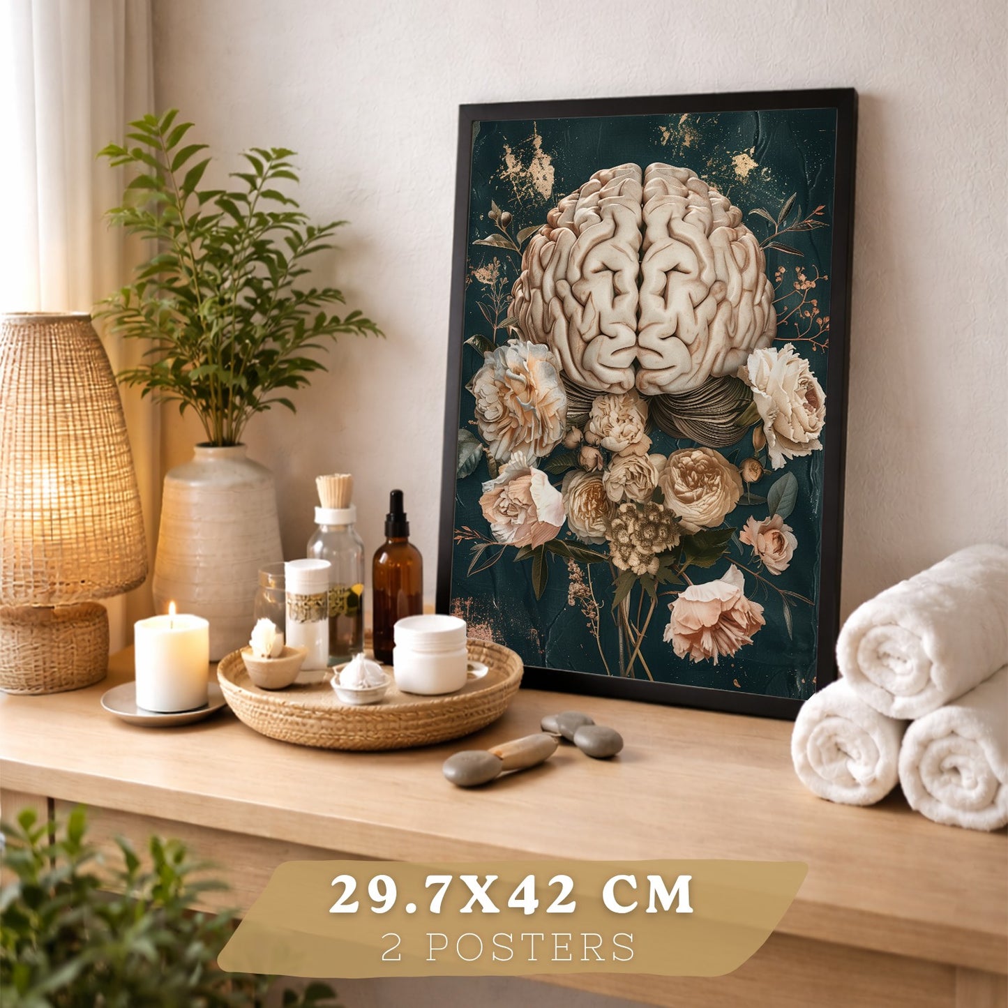 Set 2 Cuadros Decorativos de Anatomía Humana Láminas y Posters con Corazón y Cerebro Ilustración Floral Sofisticada Fondo Verde