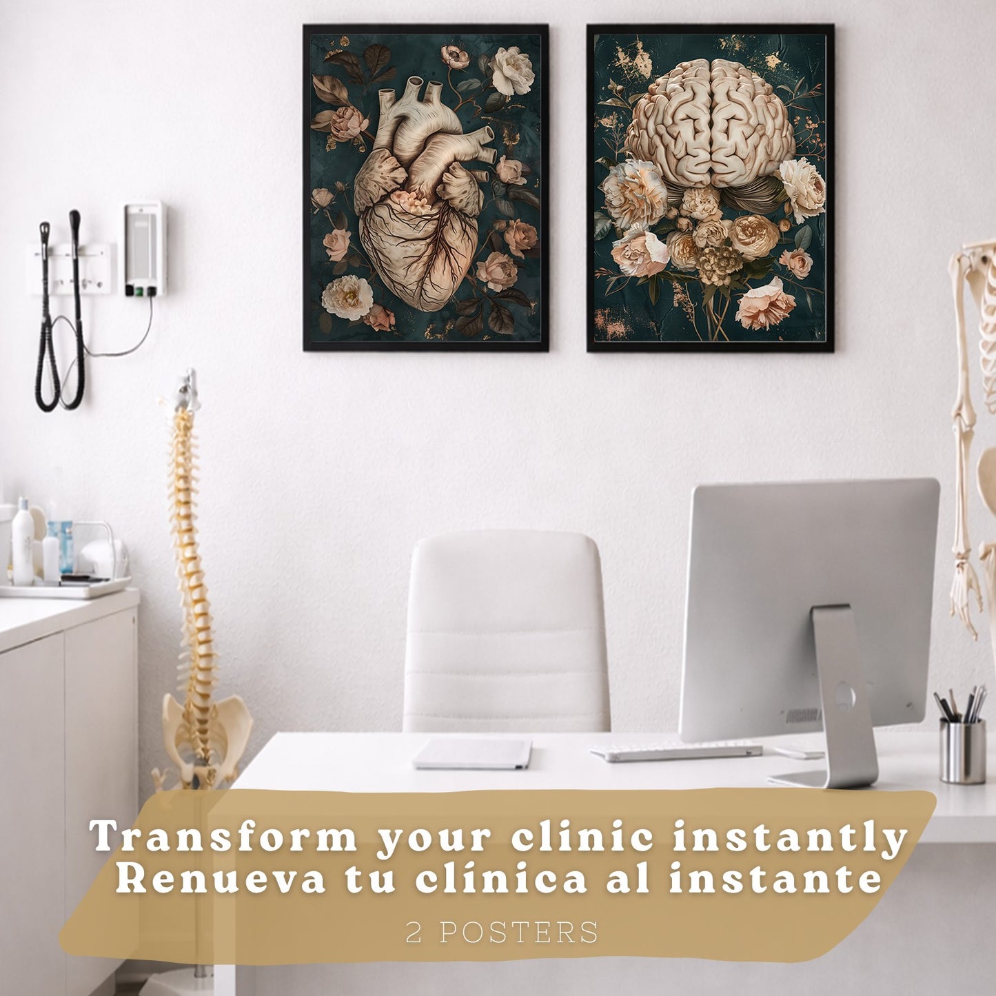 Set 2 Cuadros Decorativos de Anatomía Humana Láminas y Posters con Corazón y Cerebro Ilustración Floral Sofisticada Fondo Verde