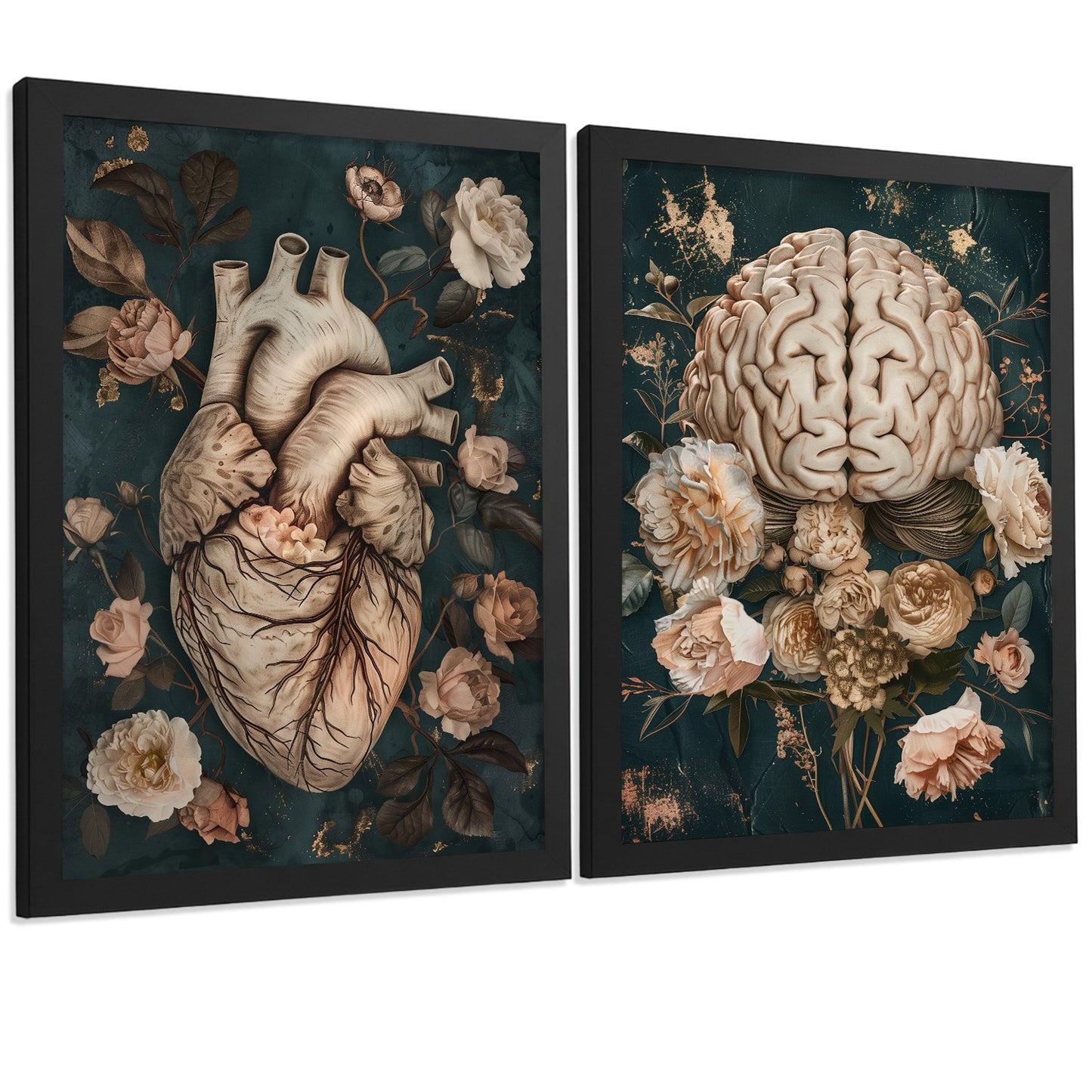 Set 2 Cuadros Decorativos de Anatomía Humana Láminas y Posters con Corazón y Cerebro Ilustración Floral Sofisticada Fondo Verde
