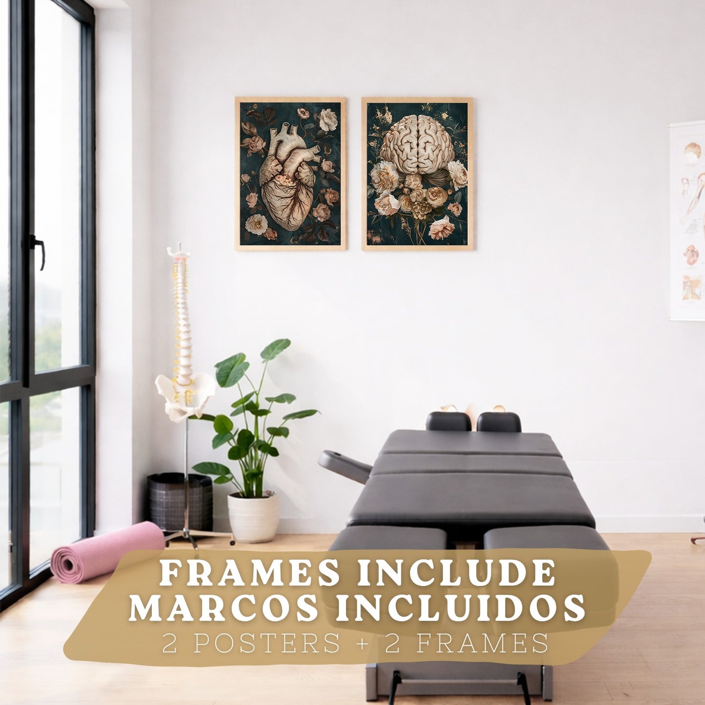 Set 2 Cuadros Decorativos de Anatomía Humana Láminas y Posters con Corazón y Cerebro Ilustración Floral Sofisticada Fondo Verde