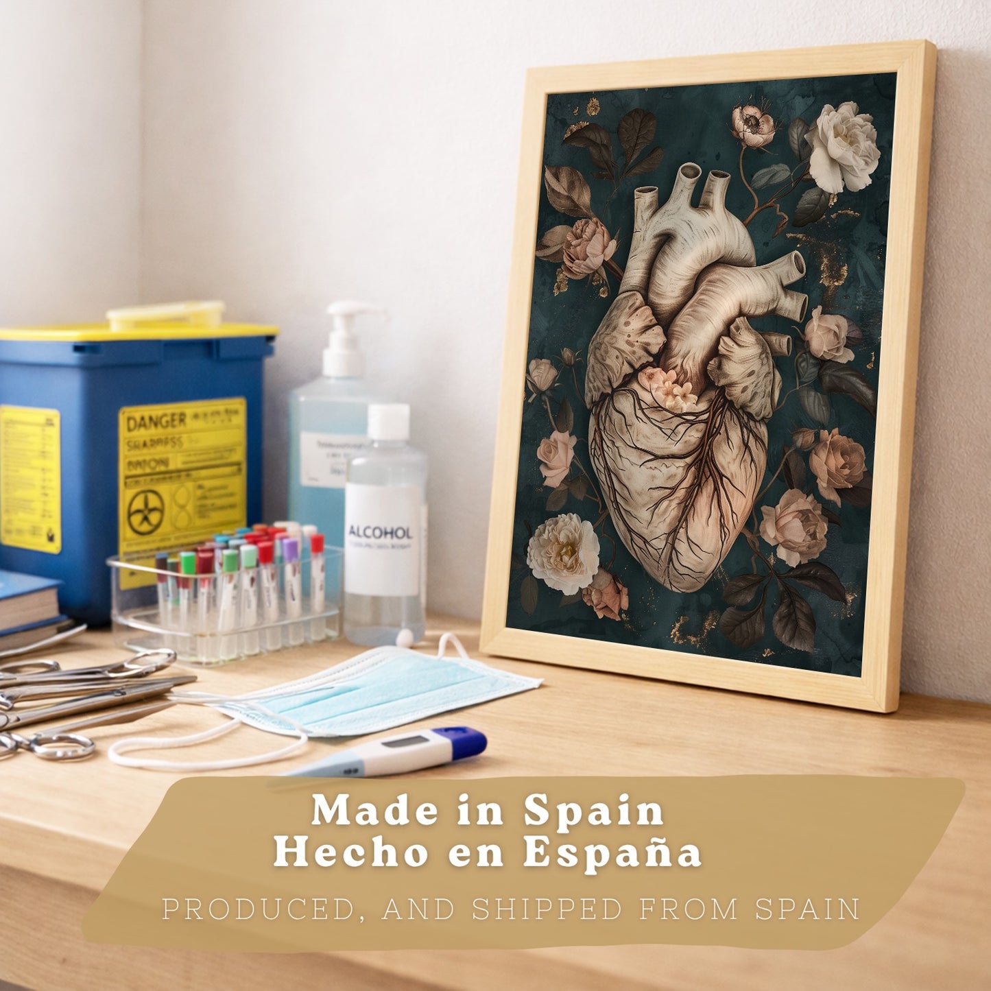 Set 2 Cuadros Decorativos de Anatomía Humana Láminas y Posters con Corazón y Cerebro Ilustración Floral Sofisticada Fondo Verde