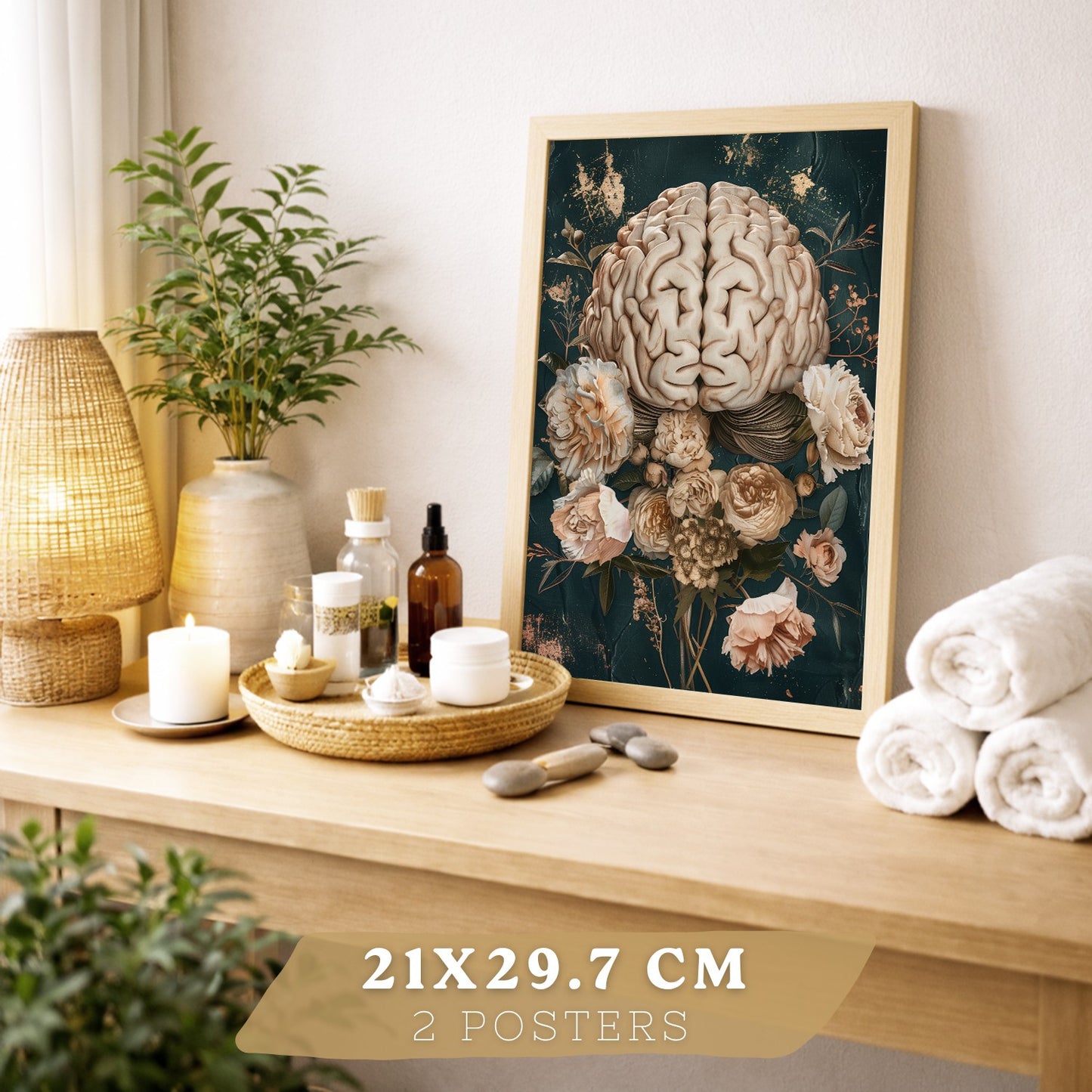 Set 2 Cuadros Decorativos de Anatomía Humana Láminas y Posters con Corazón y Cerebro Ilustración Floral Sofisticada Fondo Verde