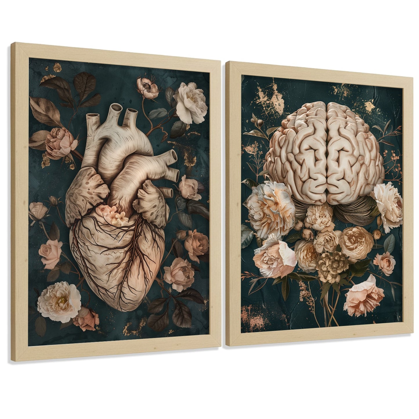 Set 2 Cuadros Decorativos de Anatomía Humana Láminas y Posters con Corazón y Cerebro Ilustración Floral Sofisticada Fondo Verde