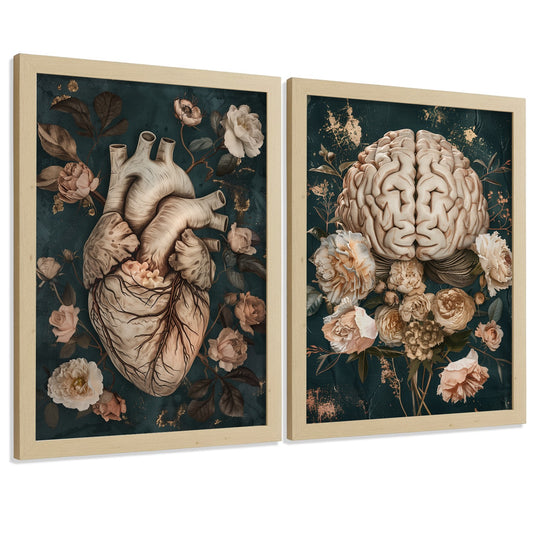 Set 2 Cuadros Decorativos de Anatomía Humana Láminas y Posters con Corazón y Cerebro Ilustración Floral Sofisticada Fondo Verde