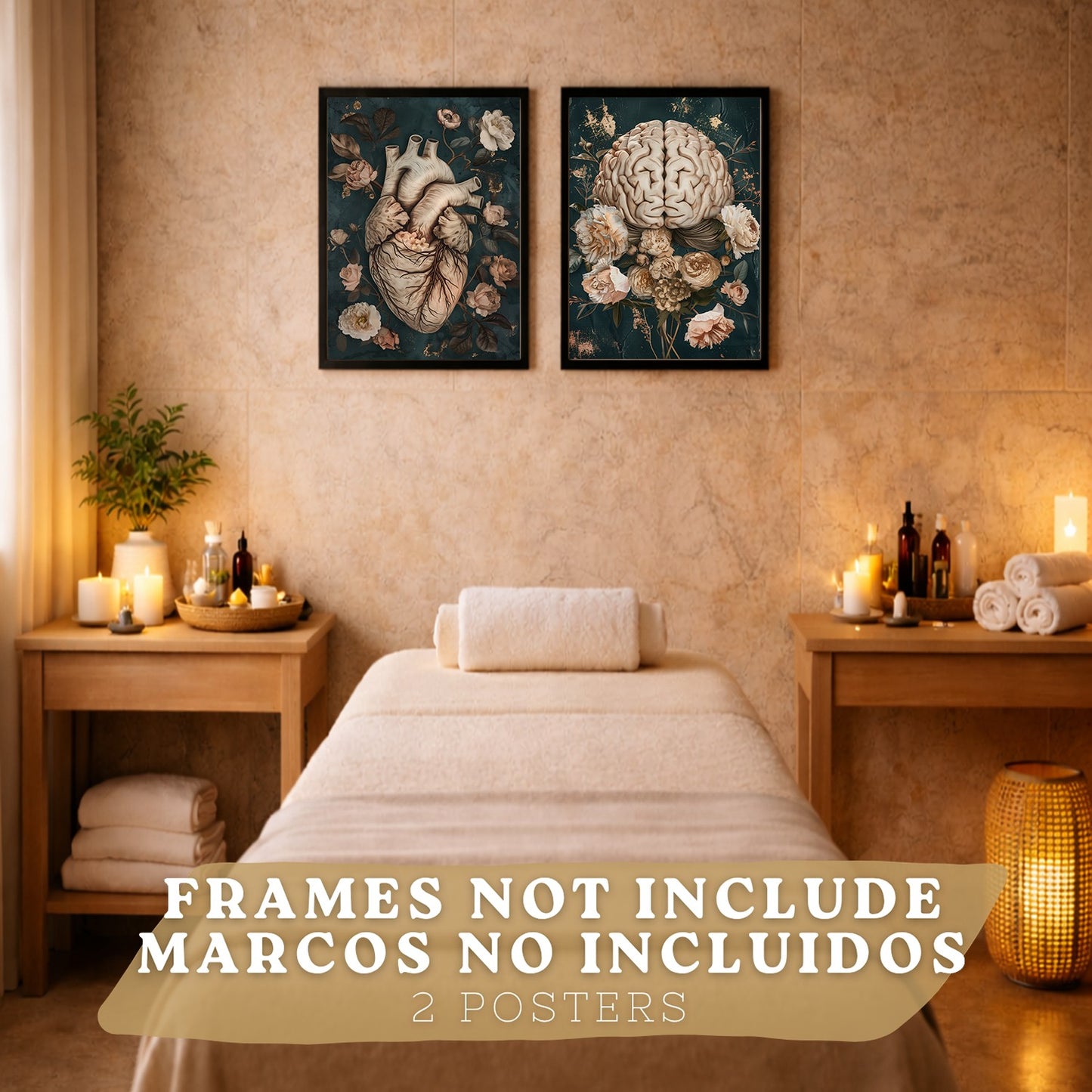 Set 2 Cuadros Decorativos de Anatomía Humana Láminas y Posters con Corazón y Cerebro Ilustración Floral Sofisticada Fondo Verde