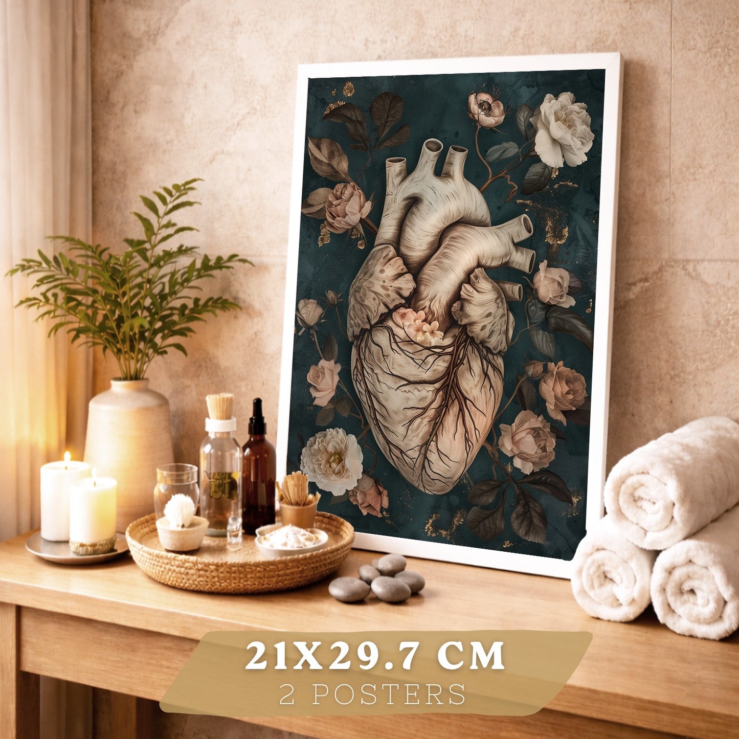 Set 2 Cuadros Decorativos de Anatomía Humana Láminas y Posters con Corazón y Cerebro Ilustración Floral Sofisticada Fondo Verde