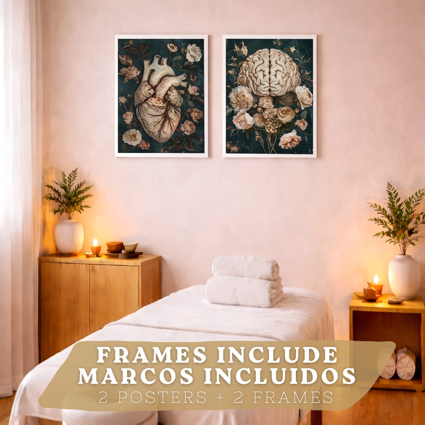 Set 2 Cuadros Decorativos de Anatomía Humana Láminas y Posters con Corazón y Cerebro Ilustración Floral Sofisticada Fondo Verde