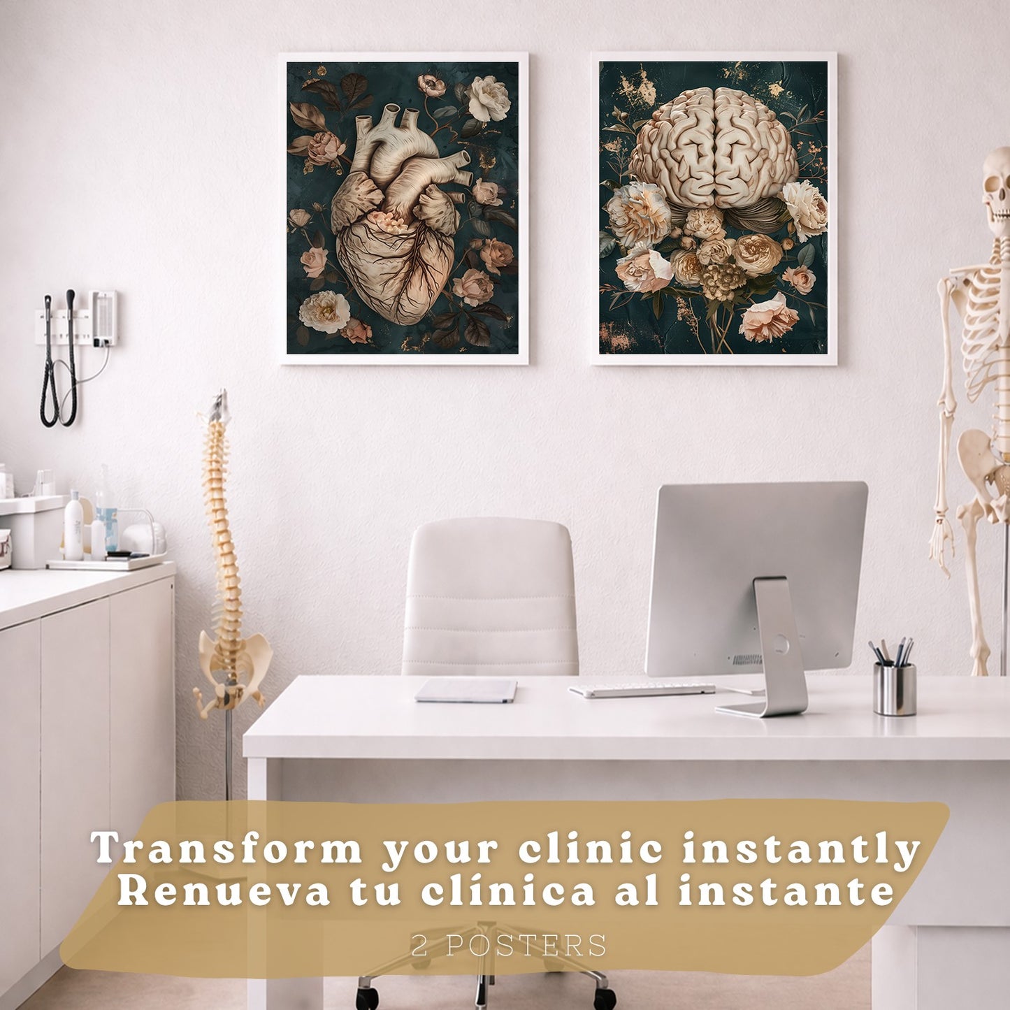 Set 2 Cuadros Decorativos de Anatomía Humana Láminas y Posters con Corazón y Cerebro Ilustración Floral Sofisticada Fondo Verde