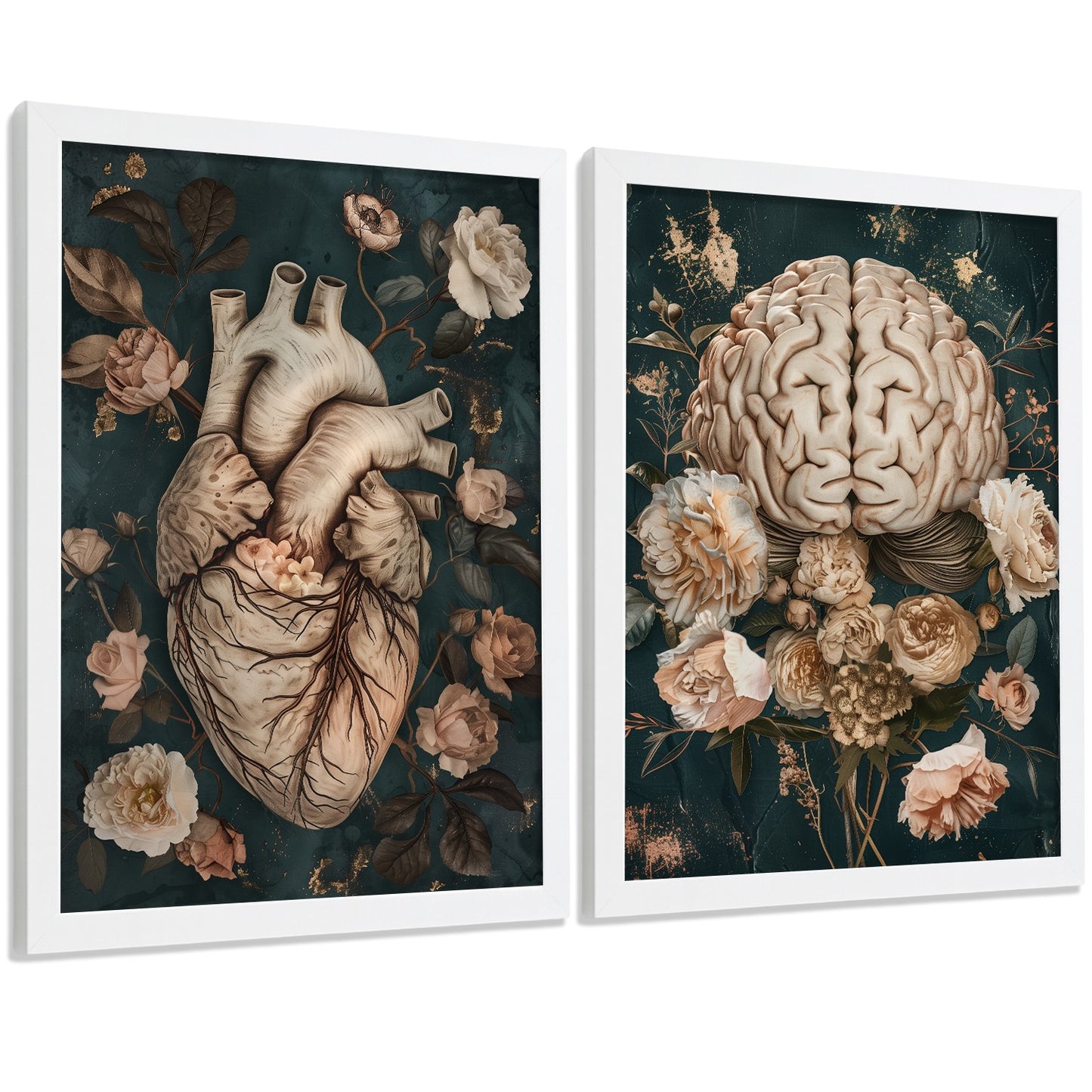 Set 2 Cuadros Decorativos de Anatomía Humana Láminas y Posters con Corazón y Cerebro Ilustración Floral Sofisticada Fondo Verde