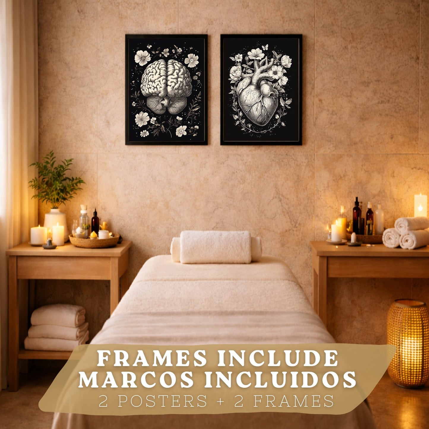Set 2 Posters y Cuadros de Anatomía Humana Láminas con Cerebro y Corazón Diseño Monocromo Floral Fondo Negro Decoración Moderna