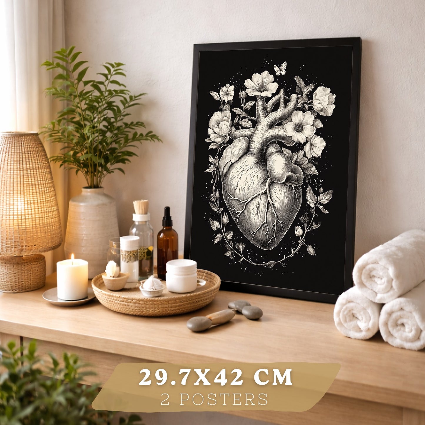 Set 2 Posters y Cuadros de Anatomía Humana Láminas con Cerebro y Corazón Diseño Monocromo Floral Fondo Negro Decoración Moderna