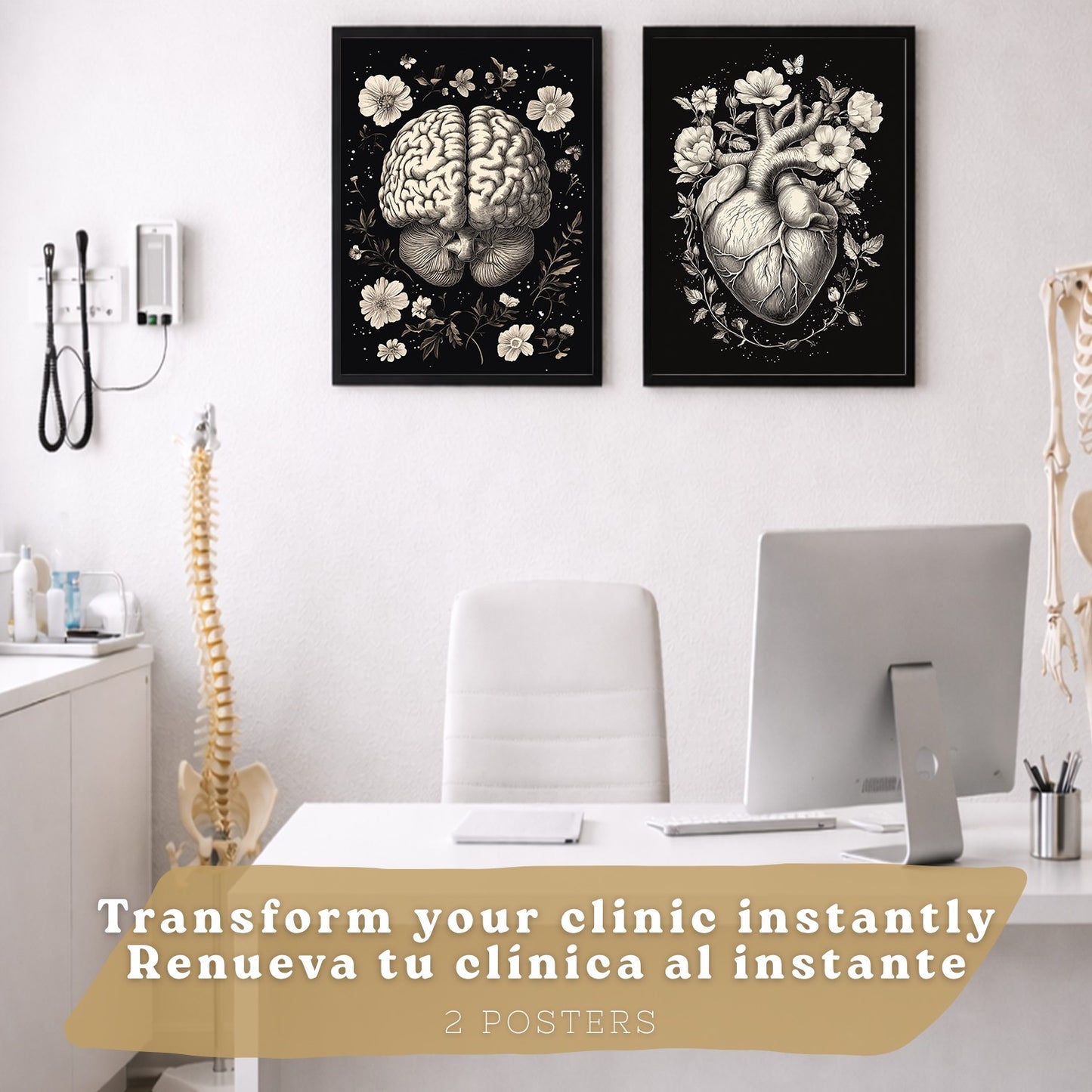 Set 2 Posters y Cuadros de Anatomía Humana Láminas con Cerebro y Corazón Diseño Monocromo Floral Fondo Negro Decoración Moderna