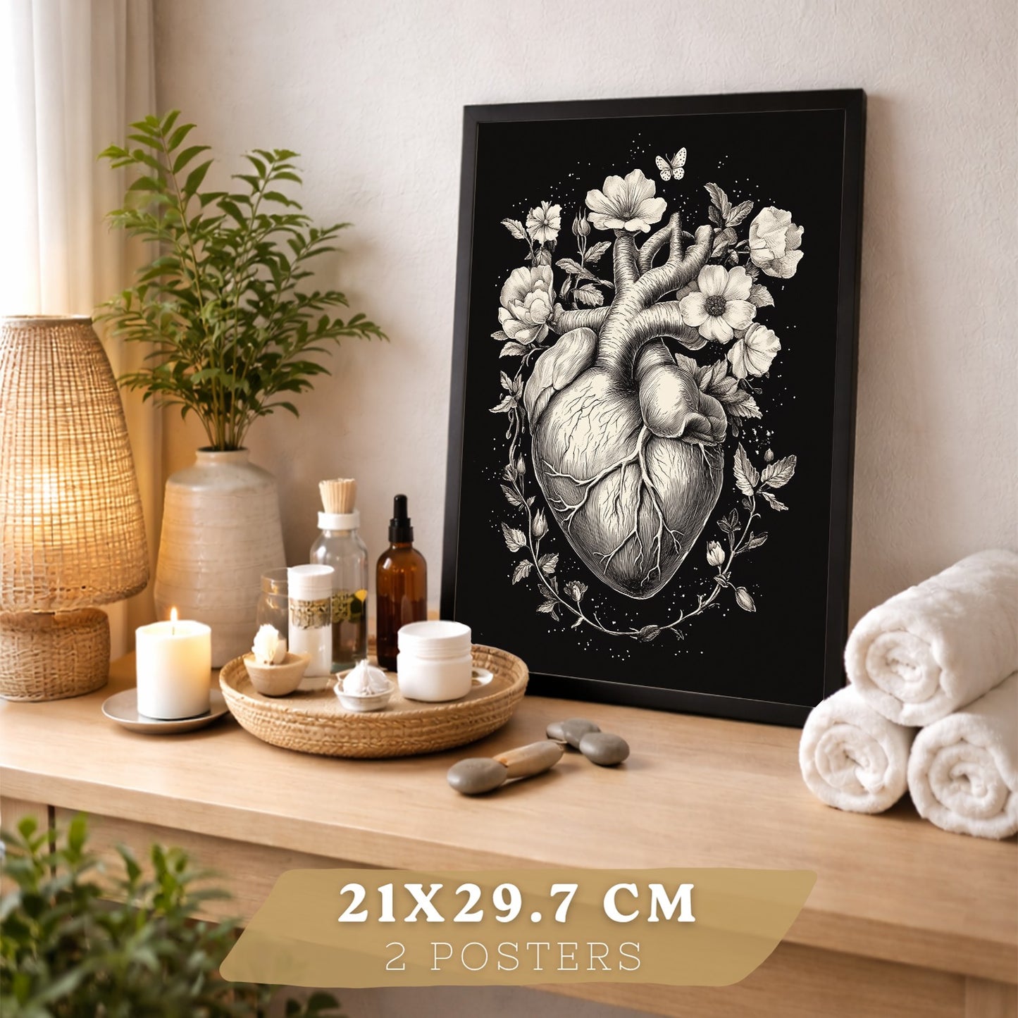 Set 2 Posters y Cuadros de Anatomía Humana Láminas con Cerebro y Corazón Diseño Monocromo Floral Fondo Negro Decoración Moderna