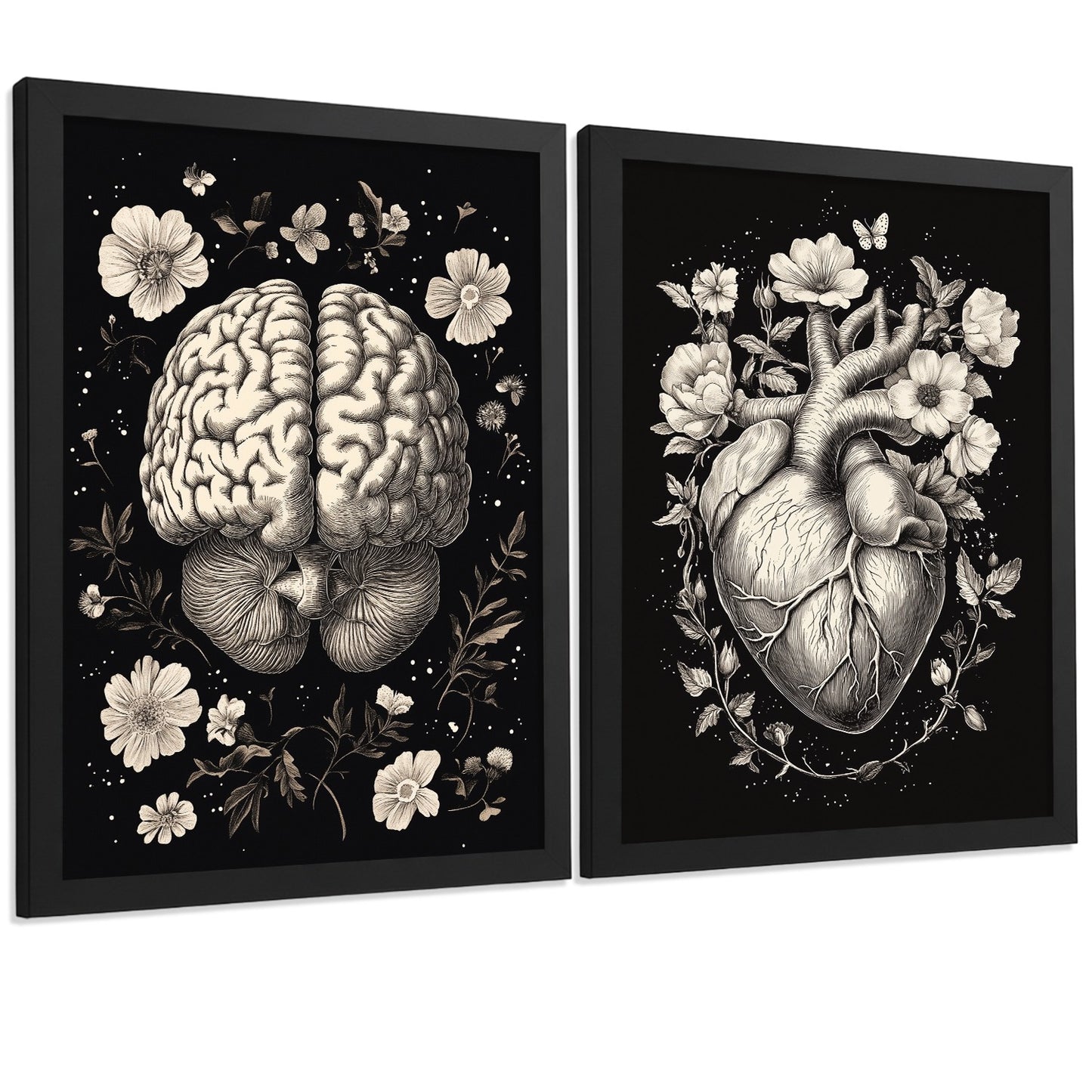 Set 2 Posters y Cuadros de Anatomía Humana Láminas con Cerebro y Corazón Diseño Monocromo Floral Fondo Negro Decoración Moderna